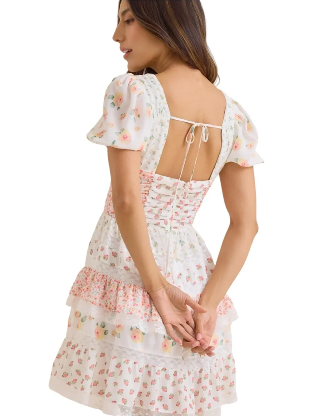 Altar’d State NWT Floral Tiered Mini Dress in White and Pink - Picture 3 of 10